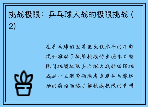 挑战极限：乒乓球大战的极限挑战 (2)